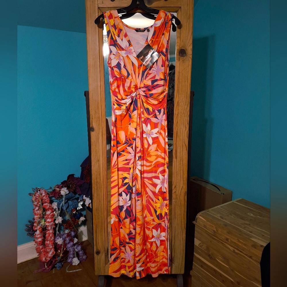 IMAN Global Chic Floral Women's Med Maxi Dress Twist Front Flowy Rayon NWT - Picture 4 of 12